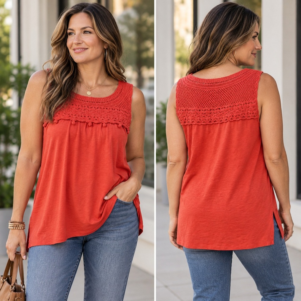 J. Jill Crochet Yoke Sleeveless Top Women's XL Orange Slub Knit Cotton Tank